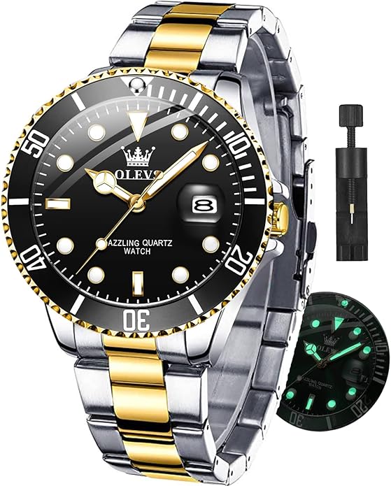 Reloj de lujo para hombre con fecha de lujo de cara grande impermeable , reloj de pulsera analógico de dos tono acero inoxidable