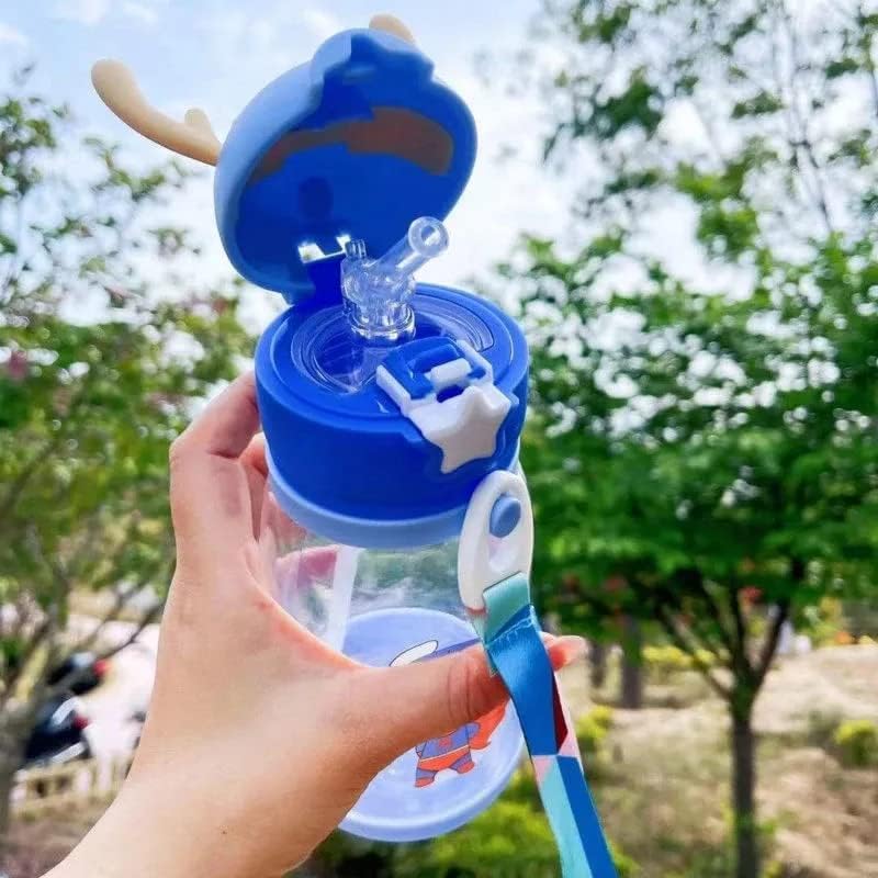 Botella de agua para niños, sin BPA, con pajilla, correa y tapa de cuerno, botella de agua con correa para el hombro con popote para el hombro, diseño de ciervo a prueba de fugas para