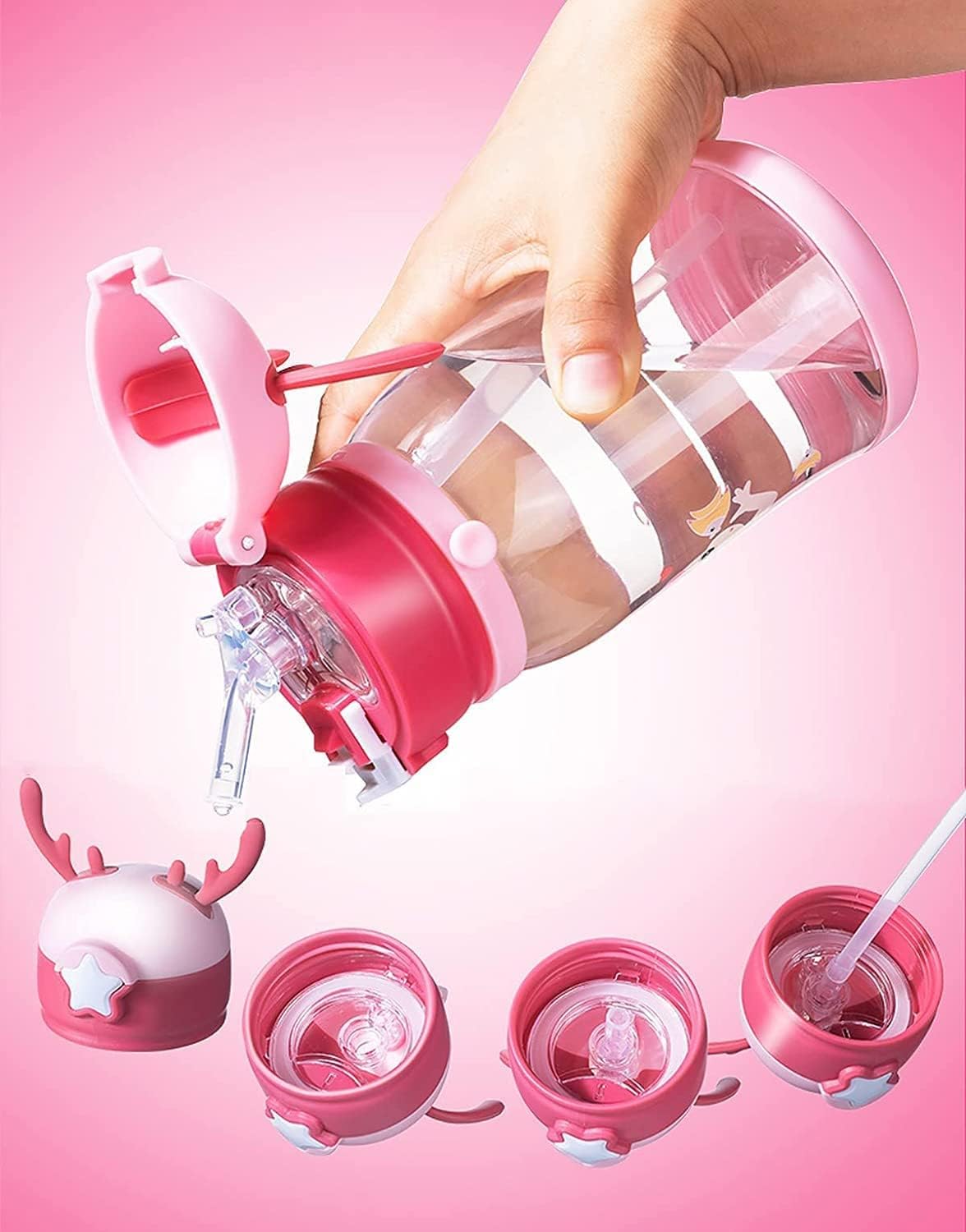 Botella de agua para niños, sin BPA, con pajilla, correa y tapa de cuerno, botella de agua con correa para el hombro con popote para el hombro, diseño de ciervo a prueba de fugas para