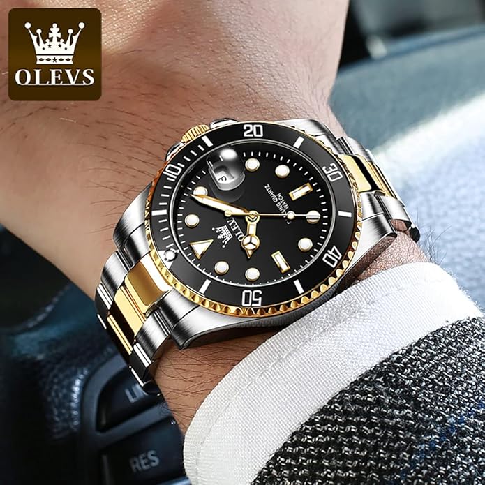 Reloj de lujo para hombre con fecha de lujo de cara grande impermeable , reloj de pulsera analógico de dos tono acero inoxidable