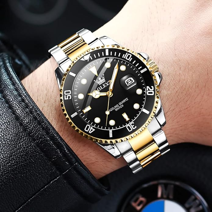 Reloj de lujo para hombre con fecha de lujo de cara grande impermeable , reloj de pulsera analógico de dos tono acero inoxidable