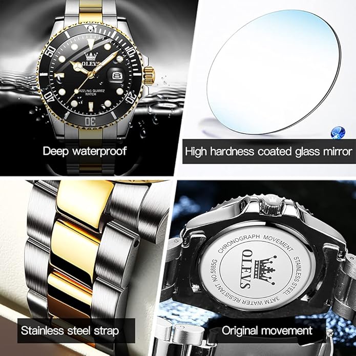 Reloj de lujo para hombre con fecha de lujo de cara grande impermeable , reloj de pulsera analógico de dos tono acero inoxidable