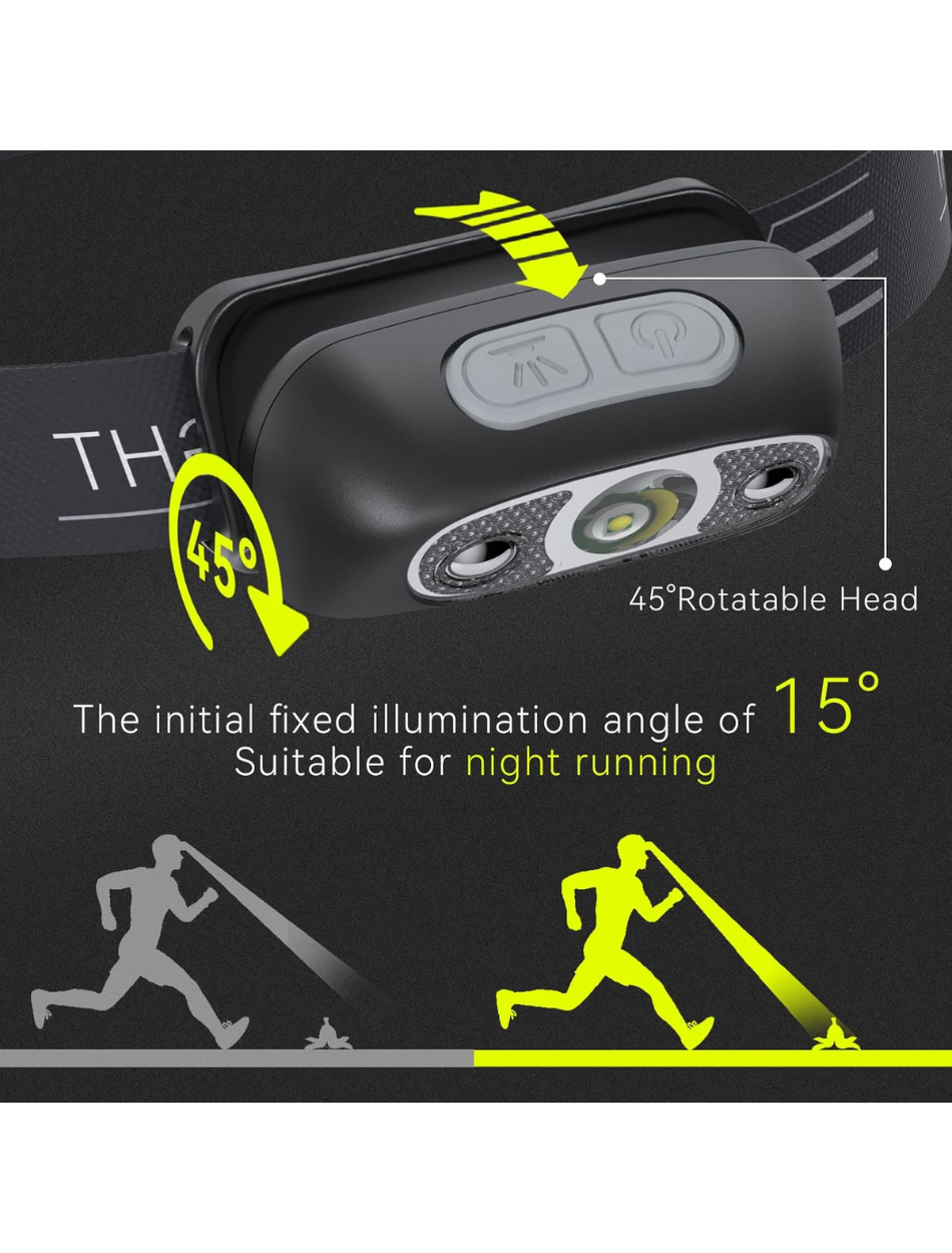Linterna frontal recargable para adultos con 300 lúmenes, lámpara frontal recargable USB con diseño ligero (0.08 libras), faros con sensor LED IPX4 para correr, acampar, leer con largo tiempo de