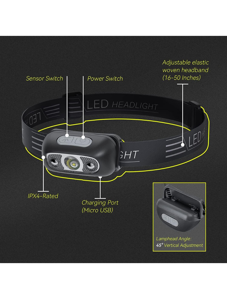 Linterna frontal recargable para adultos con 300 lúmenes, lámpara frontal recargable USB con diseño ligero (0.08 libras), faros con sensor LED IPX4 para correr, acampar, leer con largo tiempo de