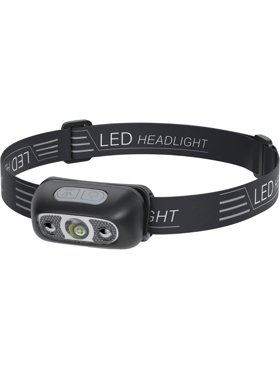 Linterna frontal recargable para adultos con 300 lúmenes, lámpara frontal recargable USB con diseño ligero (0.08 libras), faros con sensor LED IPX4 para correr, acampar, leer con largo tiempo de