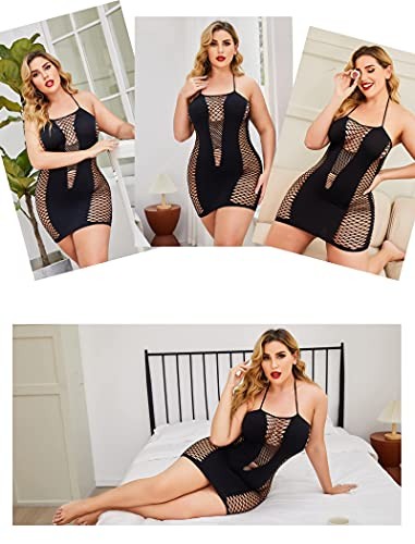 Body de rejilla para mujer, lencería, ropa de dormir con cuello halter, minivestido de peluche.